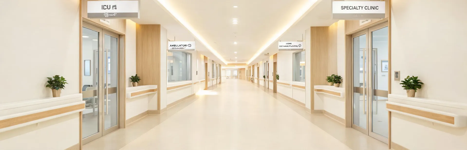 Hospital corridor with ICU and recovery care settings