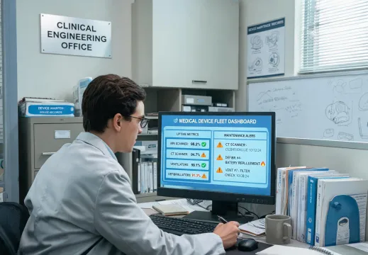 Biomedical engineer reviewing device fleet dashboard